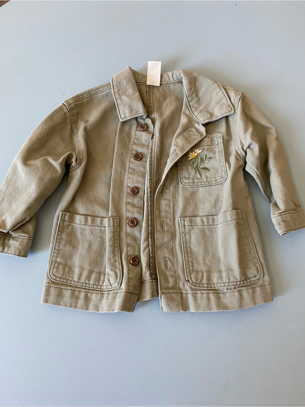 H&M 2T Olive Green Kids Denim Jacket with Floral Embroidered Pocket